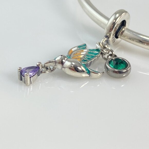 Sterling Silver Enamel Bird with Amethyst CZ Drop & Birthstone Dangle Charm - Picture 5 of 7